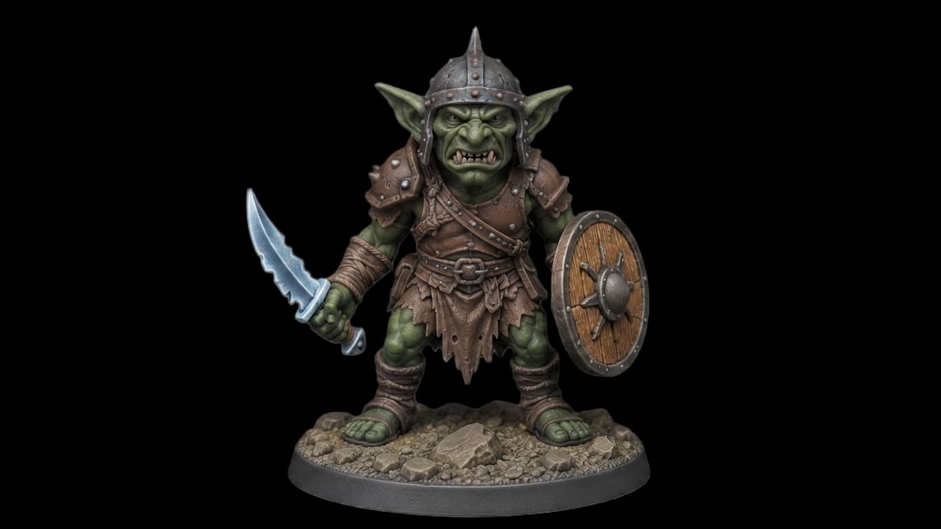 Goblin warrior miniature repainted with green skin and leather armor