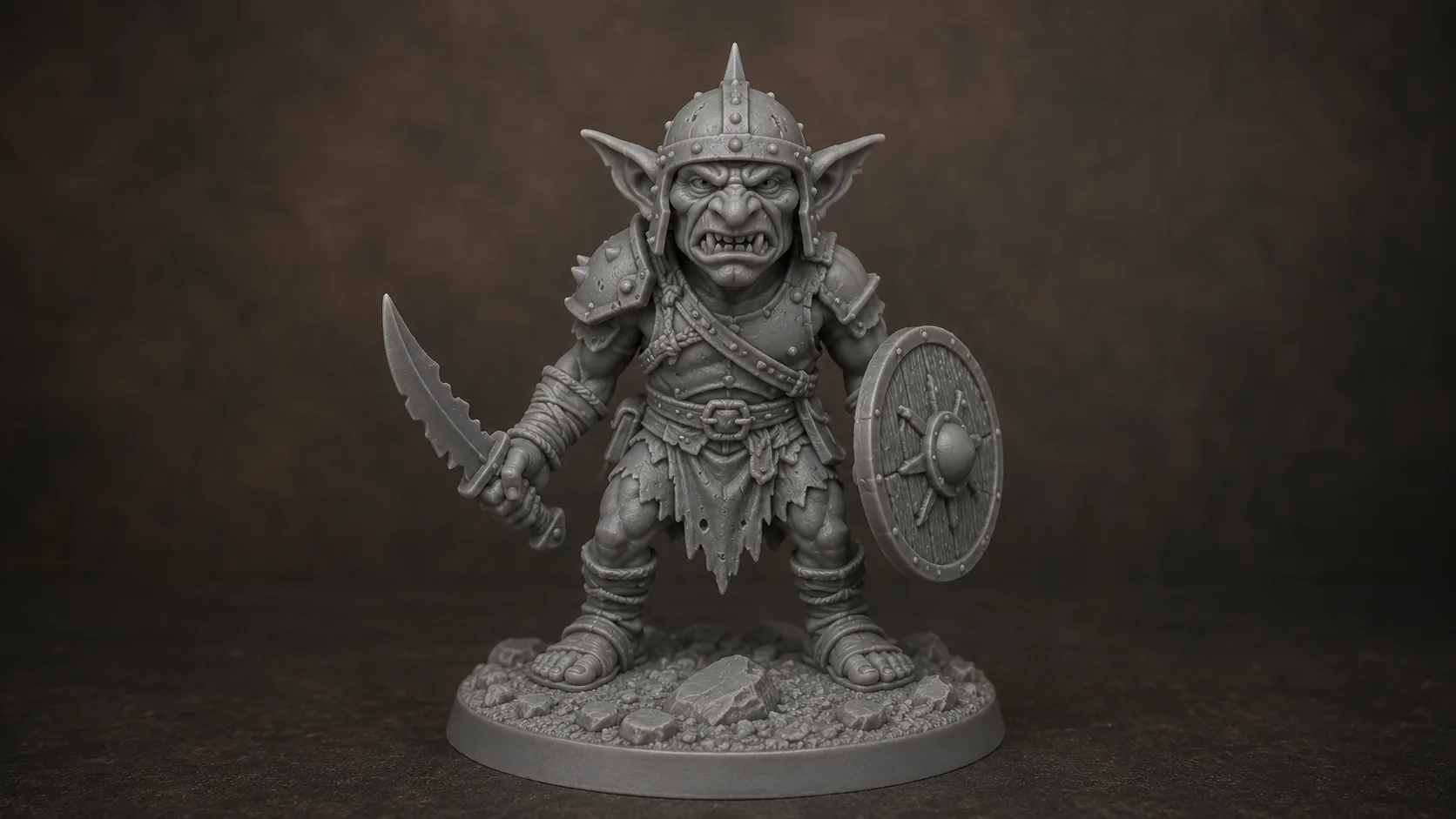 Unpainted grey goblin warrior miniature