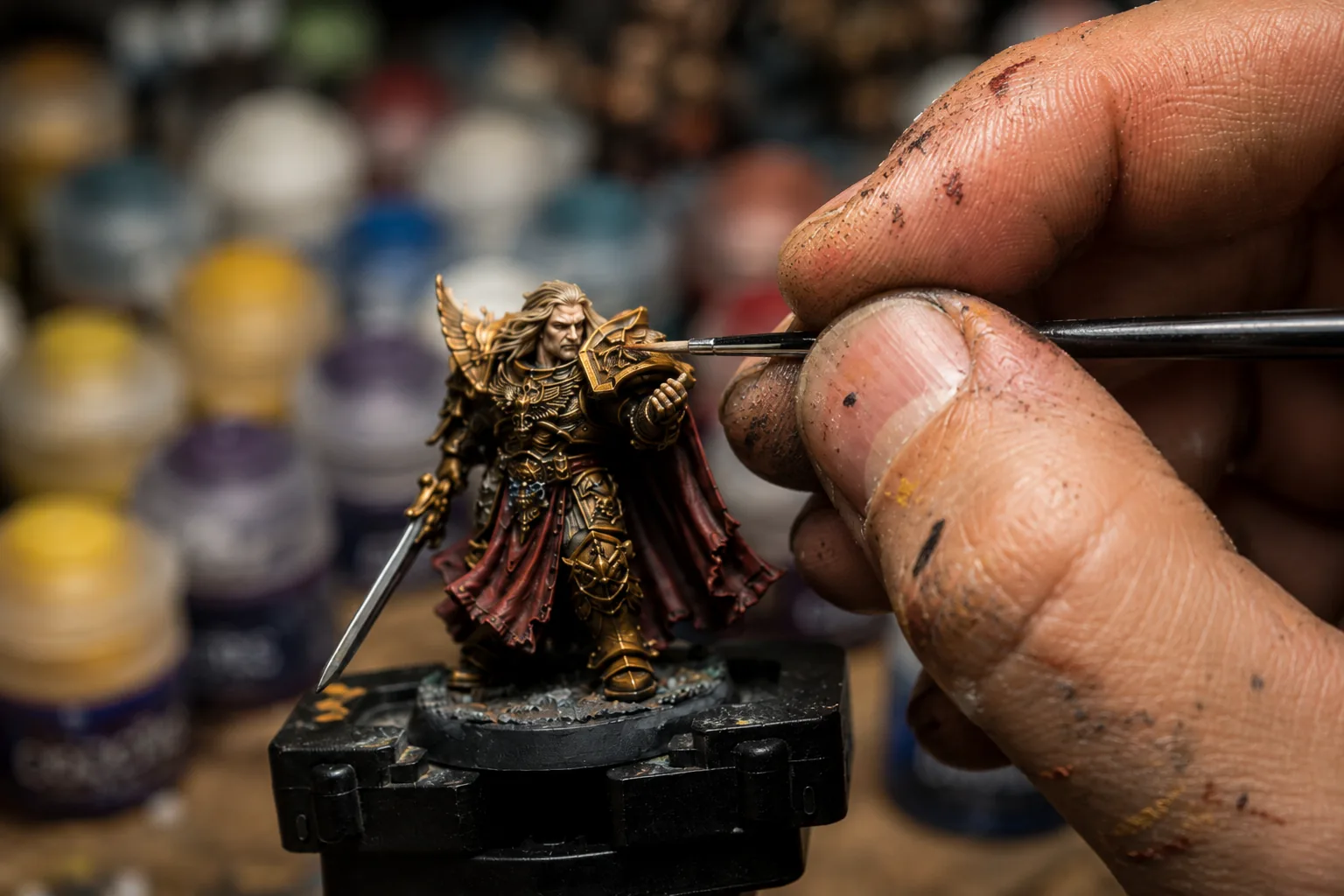 A painter adding detail to a gold-armored miniature