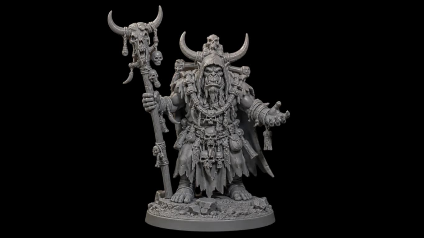Unpainted grey orc shaman miniature
